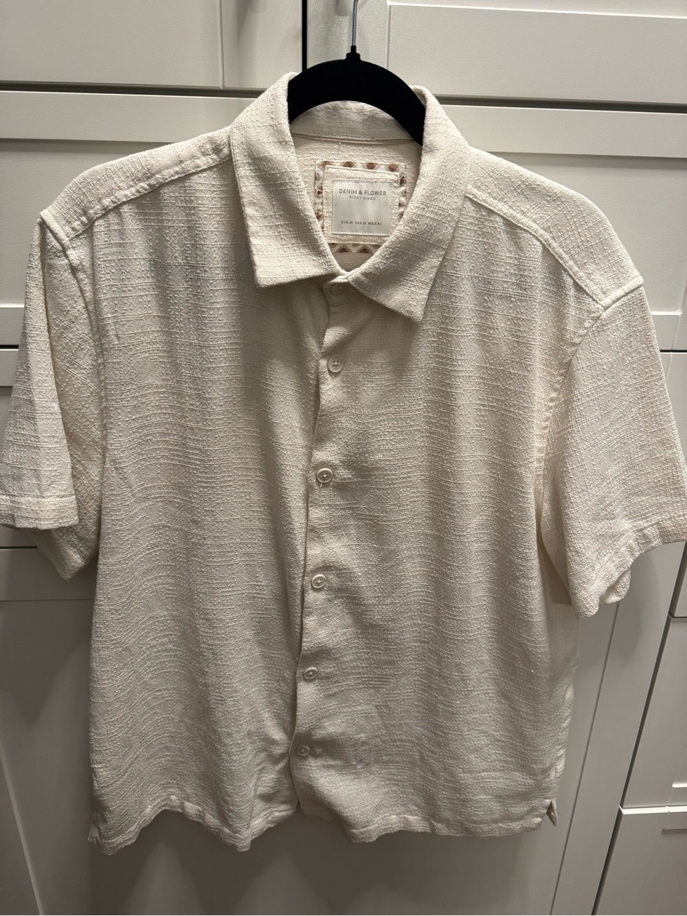 Denim & Flower, Cream, Casual Short-Sleeve, Button-Down Shirt - Linen Blend